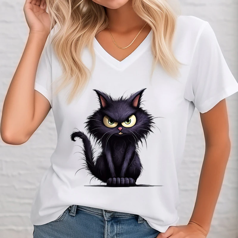2024 Summer V-NECK T-tričká Ženy 3D Animal Angry Cat T košeľa módne ležérne tričko s krátkym rukávom Harajuku Anime Anime mačiatko