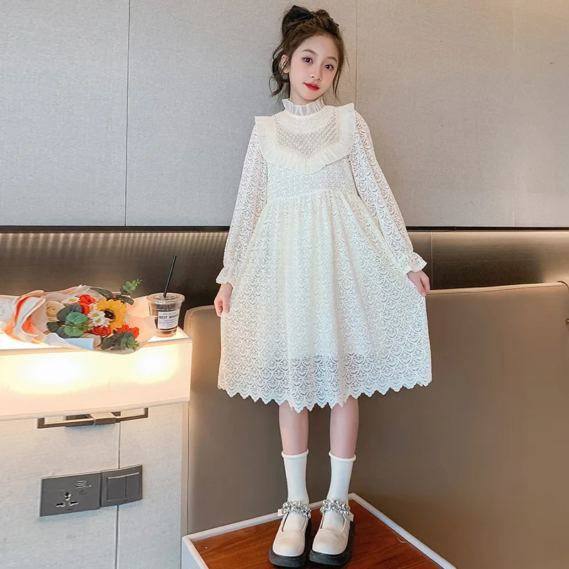 2024 Summer White Lace Girls Perl Pearl Dress Deti s dlhým rukávom oblečenie princezná vrstvené šaty dospievajúci 4 8 ​​12 14 rokov