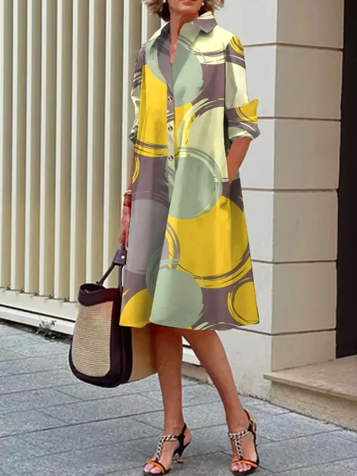 2024 Urban Street Trend Fashion Dámska klopa s dlhým rukávom Dreys Days Dress Elegantné módne okrúhle tlač klopne koleno sukňa s dĺžkou