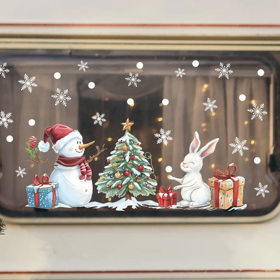 2024 Vianočné dekoratívne sklenené okenné nálepky Snowman Snowman králiky vianočné stromčeky snehová vločka elektrostatická nálepka vianočné ozdoby
