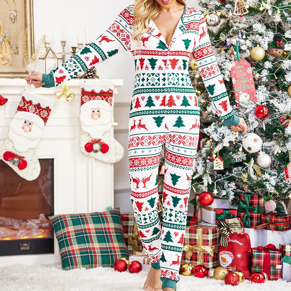 2024 Vianočné pyžamy kombinézy pre ženy Karikatúra Tlač s dlhým rukávom Down Down Slim Rompers Fall Loungewear