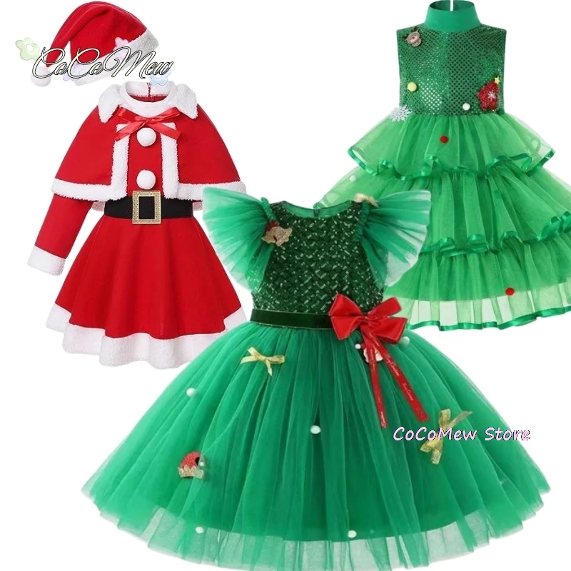 2024 Vianočné šaty pre dievča Kid Red Green pletené šaty pre dieťa Vianoce párty Santa Claus Princess Costume pre kostýmy 2-10Y