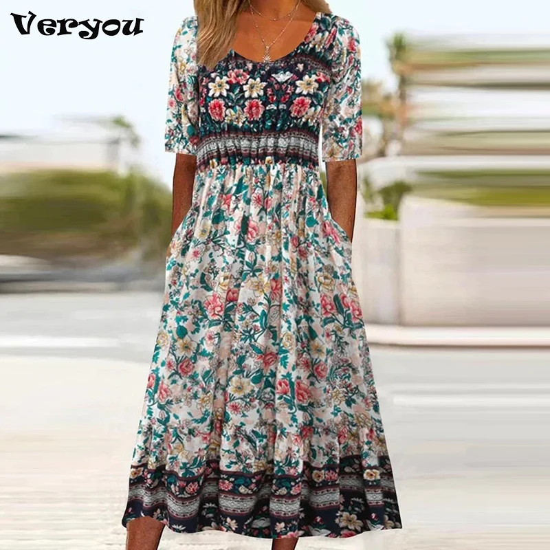 2024 Vintage Boho Stripe tlač Dámske Sundress Summer Fashion V-Neck Krátke rukávy Šaty elegantné dámy midi šaty femme vestidos