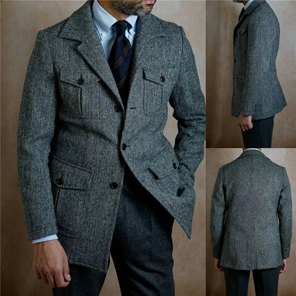 2024 Vintage Business Men obleky Slim Fit Tweed Herringbone Tuxedo Groom Suits for Men