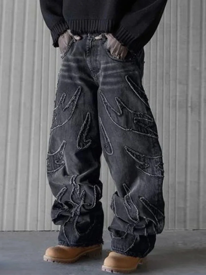 2024 Vintage Flame Patchwork Men široká noha džíns hip hop punk vyšívacie džínsové džínsové nohavice jesenné mužské gombíky Rovné nohavice