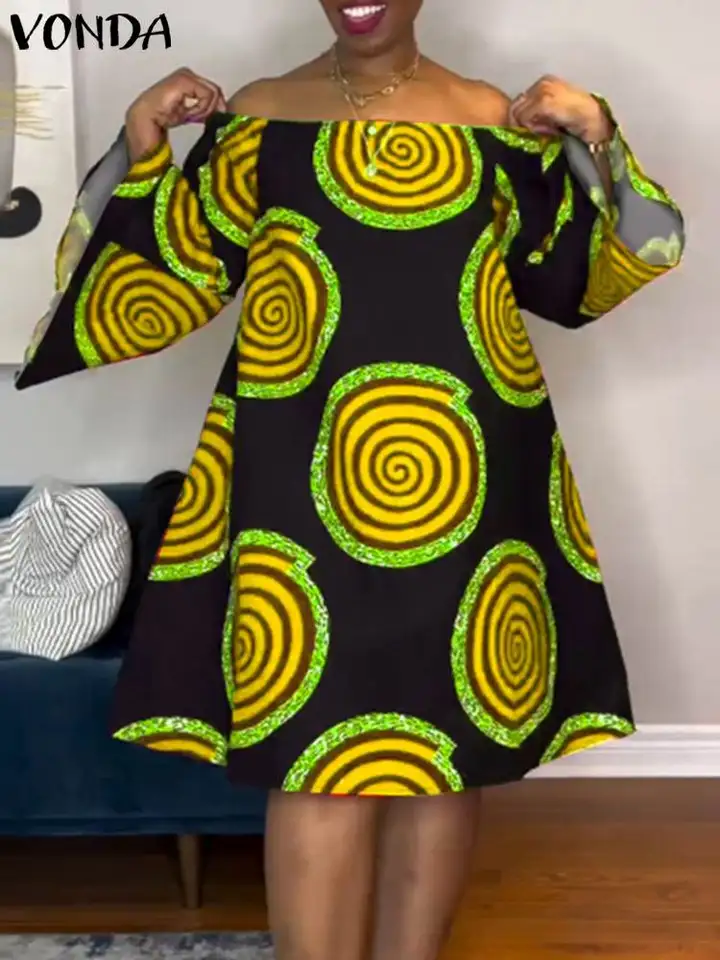2024 Vonda Bohemian Mini šaty Ženy Dlhý rukáv Rukáv Tlačený Vestidos leto mimo ramena voľná ležať na pláži Sundress Belted