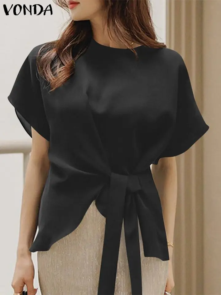 2024 Vonda letná dámska módna blúzka s krátkym rukávom posádka krk tričko Casy Solidy Solid Tops Bandage Tunge Street Blusas femme