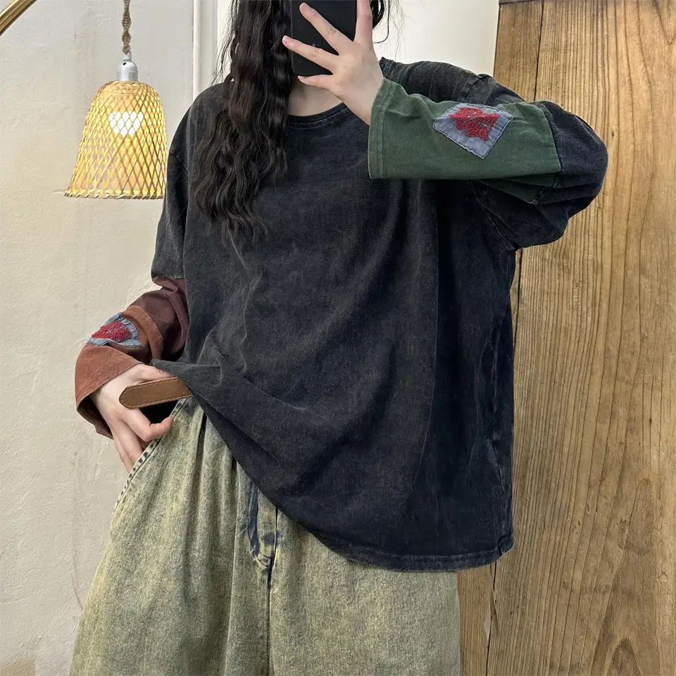 2024 Women Spring Cotton Tričká retro farebne zostrihané prerušenie farby vyšíva