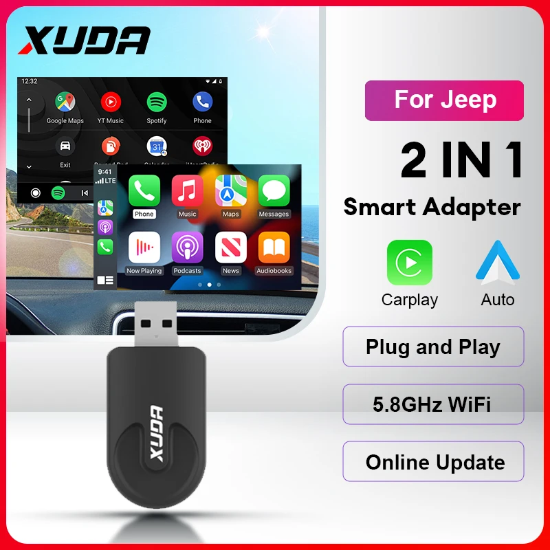 2024 Xuda 2in1 bezdrôtový Android Auto adaptér Carplay Wireless pre Jeep Wagoneer Compass Cherokee Benegde Wrangler Gladiator