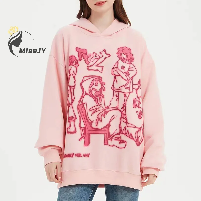 2024 Y2K Streetwear ružová mikina mikiny vtipné graffiti karikatúra tlač uvoľnená harajuku anime s kapucňou hip hop hipster