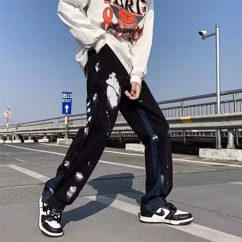 2024 Y2K Style Maľované čierne džínsy Nákladné nohavice Men Oblečenie Rovná patchwork Hip Hop Lopy Denim nohavice Ropa hombre