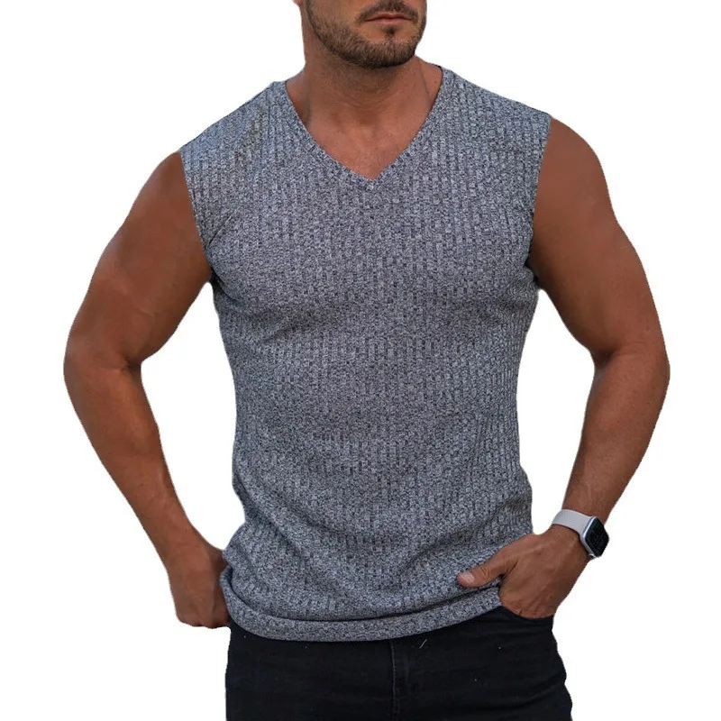 2024 Zahraničný obchod Summer pletený vertikálny pruh V-krk Šport Slim Fit Tank top pre mužské príležitostné vrchol