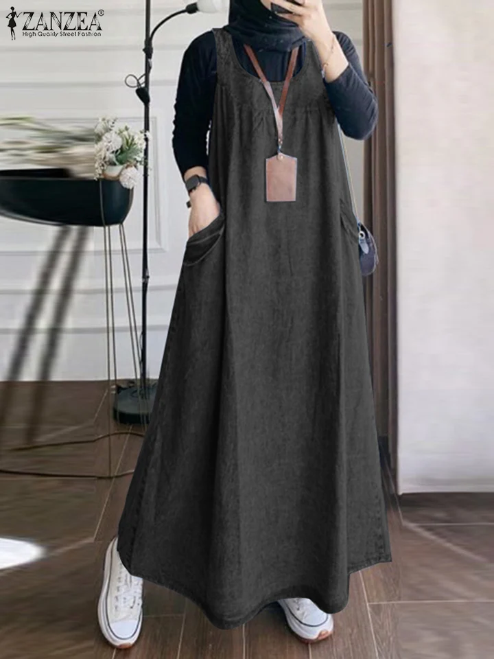 2024 Zanzea Fashion Summer Ženy bez rukávov moslimské slnečné okres Sarafans Casy Loose Solid Solid Abaya Vestido Denim modré šaty kombinézy