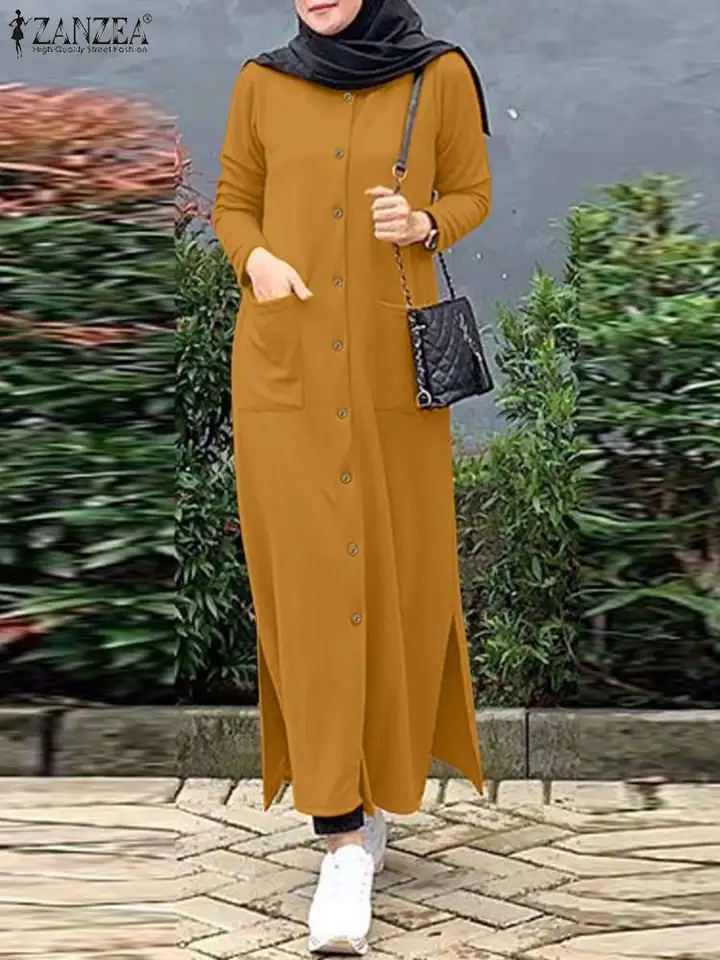 2024 Zanzea Muslim Ramadan Sundress Robe femme vinobranie s dlhým rukávom Príležitostné masívne šaty módne voľné gombíky Abaya Vestidos