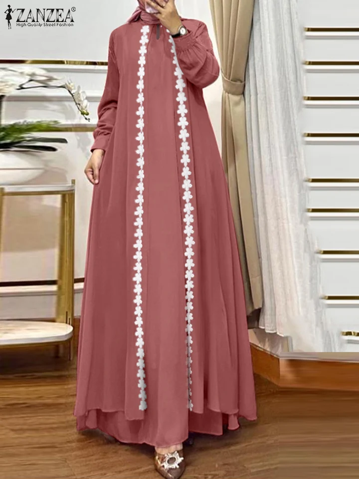 2024 Zanzea módne ženy s dlhým rukávom Muslim Dubaj Turecko Sundress Autumn Príležitostné voľné islamské oblečenie Vintage šaty Aabya maxi šaty