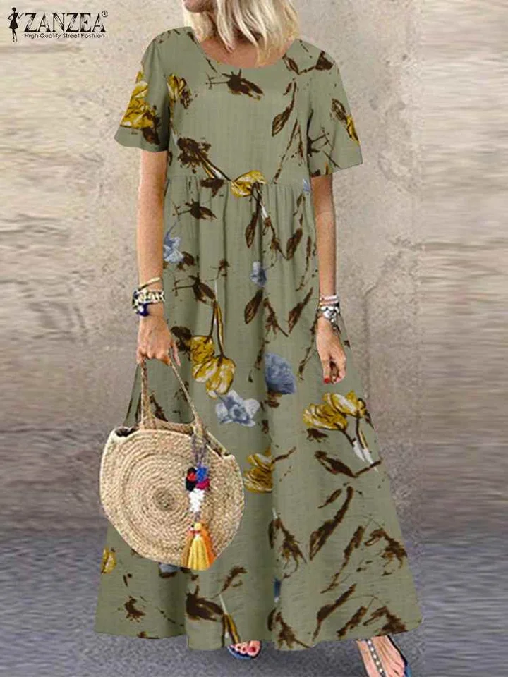 2024 Zanzea Summer Bohemian Holiday Casual Dress Fashion Beach Kaftan Vestido Robe Ženy Krátke rukávy Kvetinové potlačené slnečné žiarenie