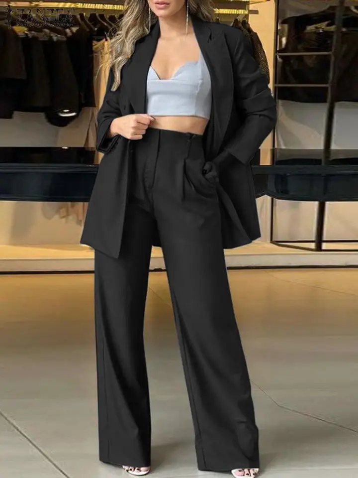 2024 Zanzea Vintage OL Suits Female Módne Office Zodpovedajúce súpravy s plným rukávom Wide Leg Pant Woman Elegantné večierky Tracksuits