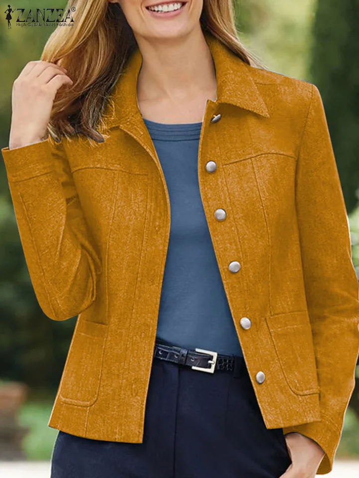 2024 Zanzea Ženy Jeseň Denim Coats Coats Fashion Lapal Collar Bundy s dlhým rukávom Outwear Vintage Pocket Wased Loose Tops