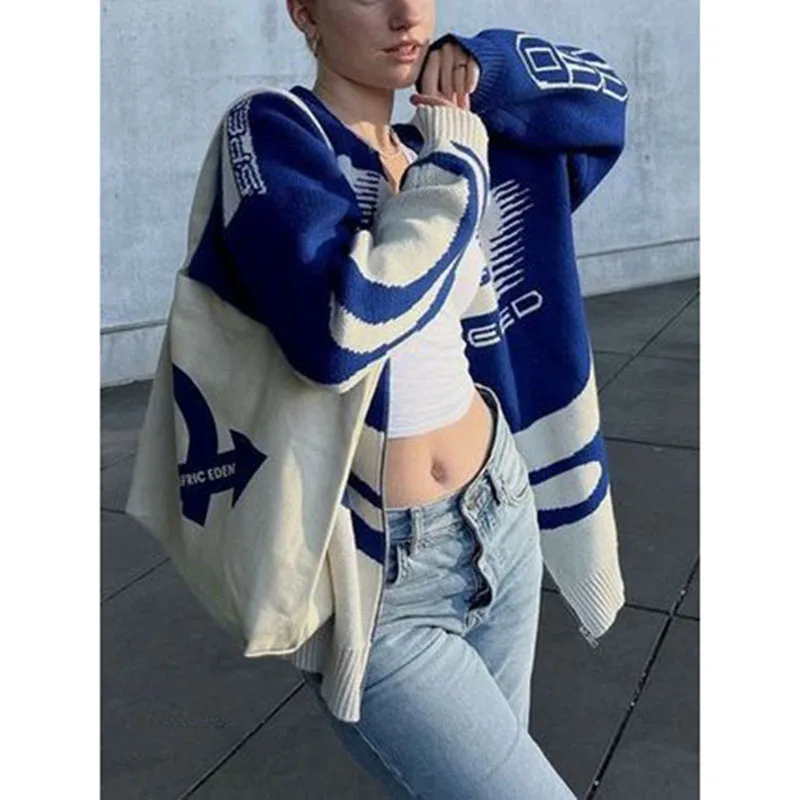 2024 Zima New American Retro High Street abeceda Trendy Punk Style Loose Sweater Zipper Jacket