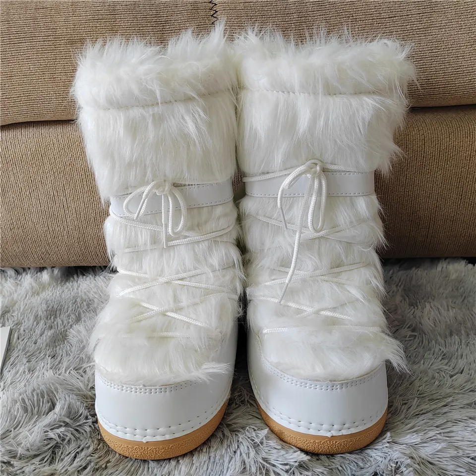 2024 Zimné topánky Ženy Mid-Calf Platforma Hairské biele topánky Našpľapaté chlpaté faux Fur Fur Ski Leská šnurovanie vodotesné Y2K Snehové topánky