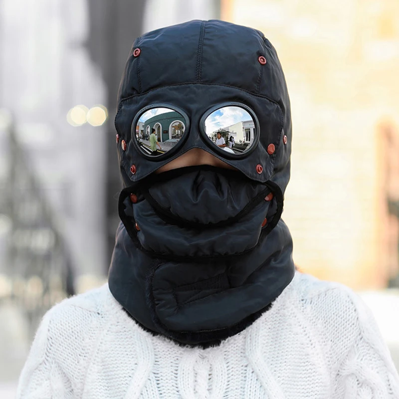 2024 Zimný bombardérsky klobúk s okuliarmi maska ​​Maska vetruvzdorná kapucňa Pilot ruské klobúky Ushanka Warm Uši