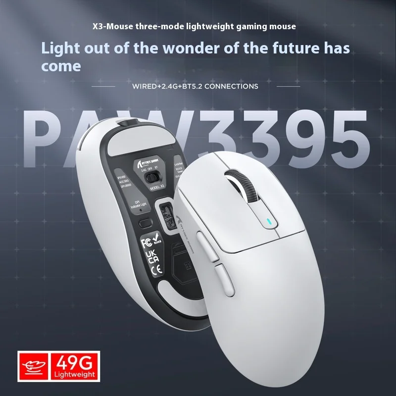 2024 Útok Shark X3 Mouse Lightweight PAW3395 Videohra Tretia falošná vyšetrenie bezdrôtovej myši myši Bluetooth Wireless