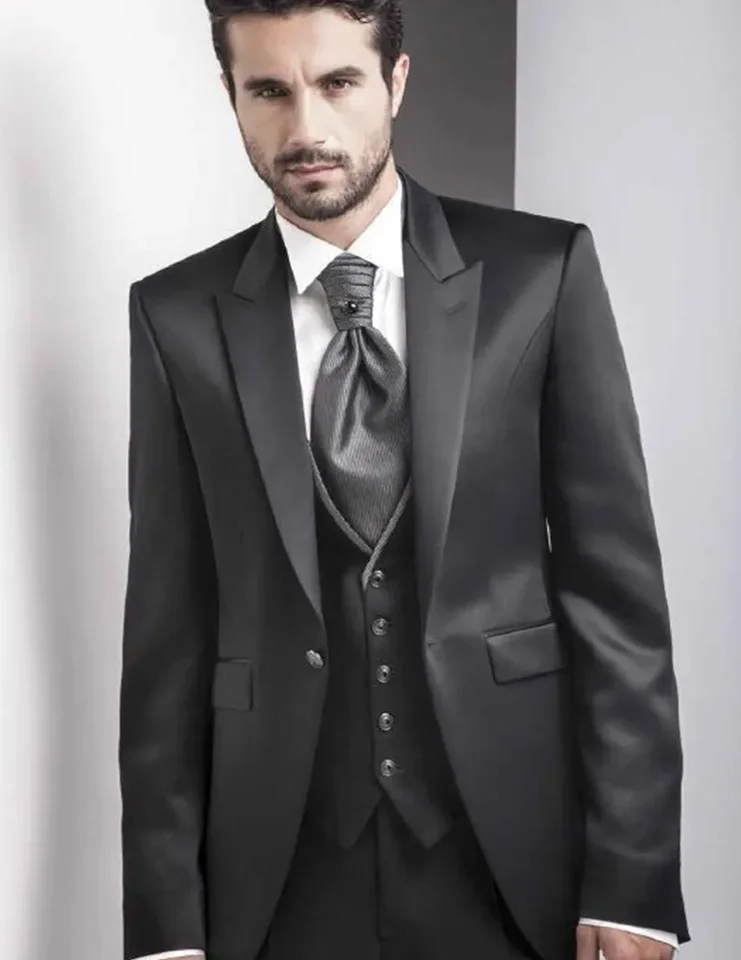 2024 Čierne saténové talianske muži obleky Svadobné obleky pre mužov Vlastné klasické tenké fit tuxedo 3 kusové obleky Groom Blazer kostým Homme