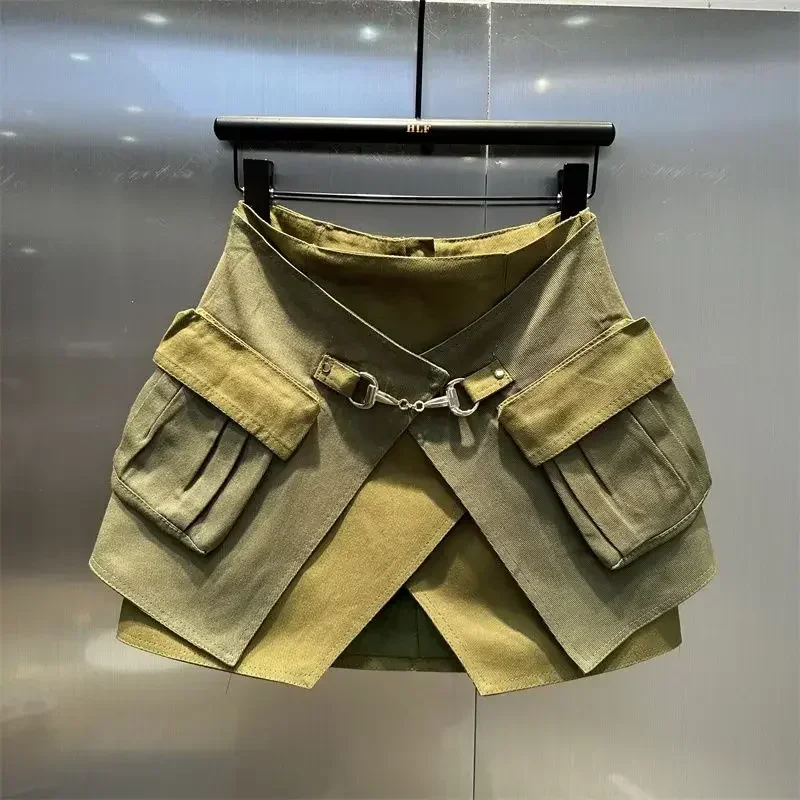2024 Čoskoro jeseň Nové dámske vojenské zelené veľké vreckové pracovné oblečenie Denim A-line krátke sukne High Pase Slimming Univerzálna sukňa
