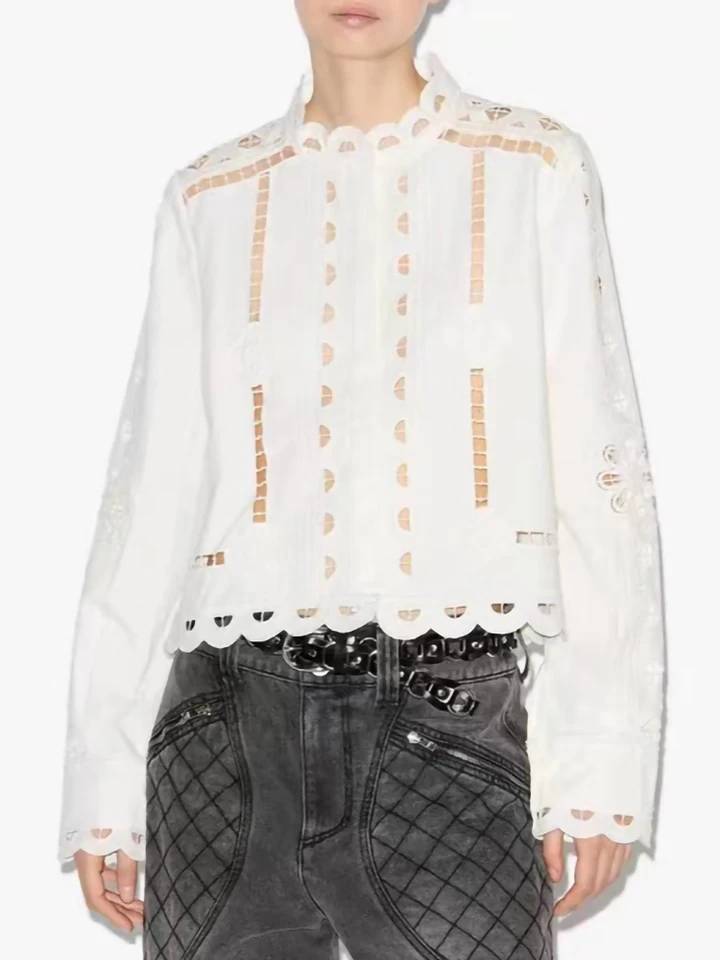 2024 Čoskoro jeseň Nový módny temperament biela blúzka Ženy Vintage Geometric Dutlow-out Lace Golier s dlhým rukávom Dámy