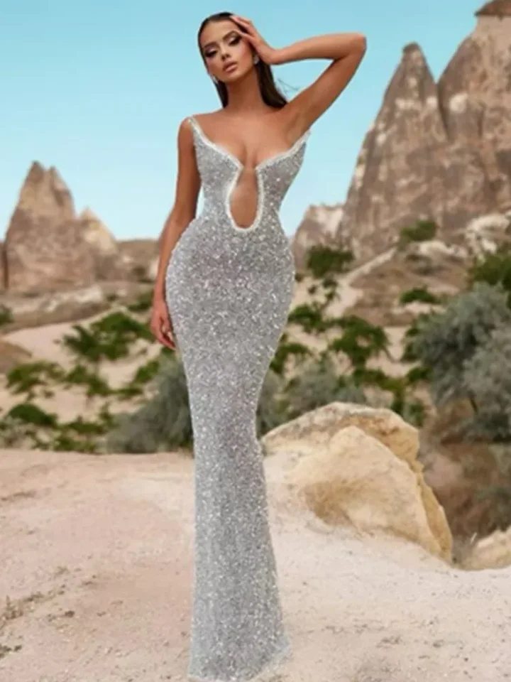 2024 Ženy Celebrity Sexy remienok bez spätných diamantov Fližby strieborné maxi dlhé šaty šaty elegantné večerné party klub Vestido