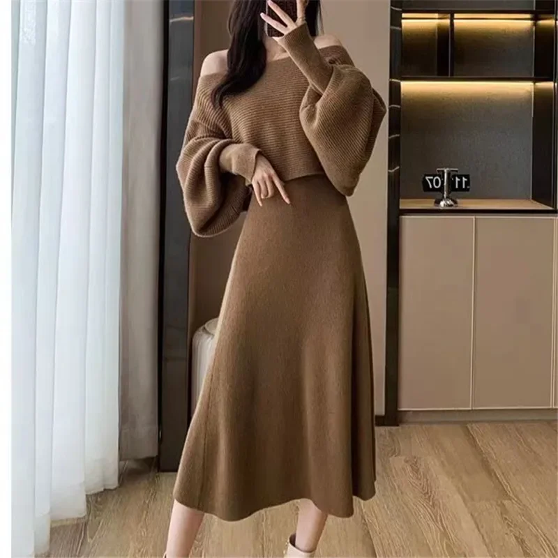 2024 Ženy dlhé sveterové šaty koktaily Kintted Spring Autumn Winter Crochet Loose Dva kusové súpravy Šaty y2k vysoký pás Vestidos