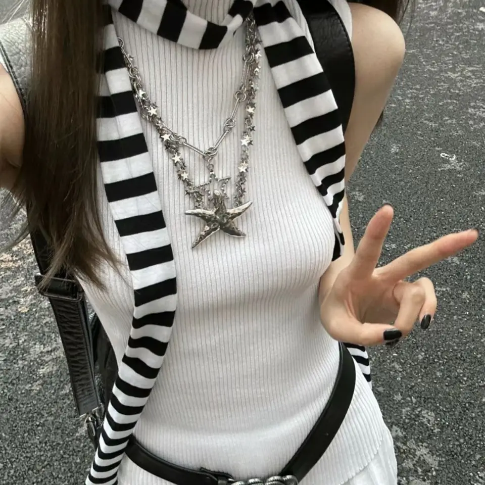 2024 Ženy harajuku bavlnené šatky y2k čierny šedý pruh dlhé šatky 180 cm tenký dlhý dekoratívny krk módne módne
