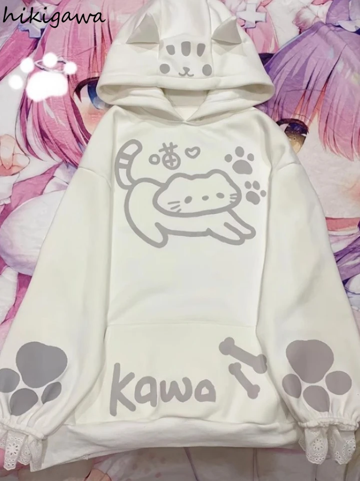 2024 Ženy oblečenie anime kapucne hrubé roztomilé japonské mikiny ropa majer mačka uší kapucňa neformálne móda sladká y2k kapucňa
