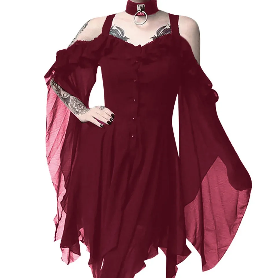 2024 Ženy plus veľkosť módne rosné rameno gotické rufované praky šaty Nepravidelné šaty （S-5XL) Vintage punk harajuku lolita oblečenie