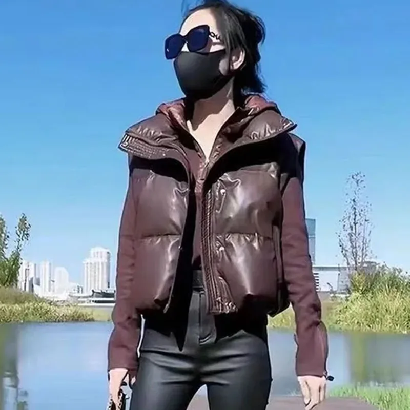 2024 Ženy umývajú bezplatné kožené rukávy bez rukávov vesta Európske ženské stand-up golierové vesty bunda zimná dáma vesta bunda