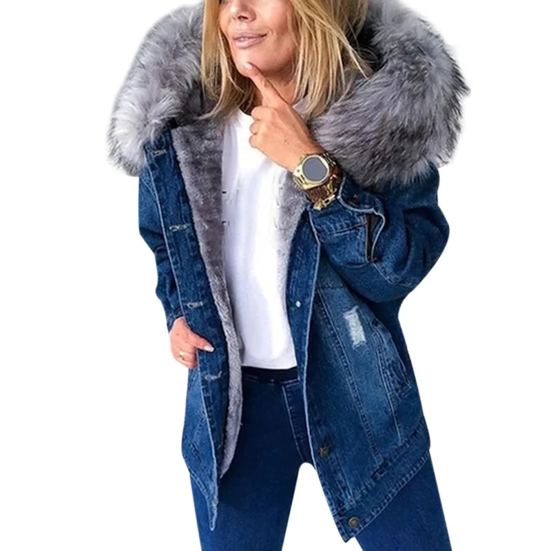 2024 Ženy zimné denimové bundy kabát módny plyšový golier teplý retro fleece lemovaný kabát Ženy Chaquetas de Mezclilla para mjer