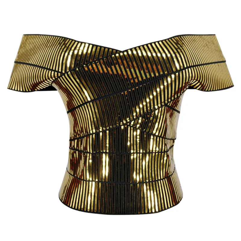 2024 Ženy zlaté strieborné camis zabalené bustier z ramennej taniere Tops Tops Sexy letný klub s krátkym rukávom orezaný feminino