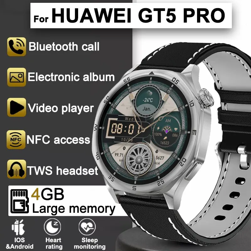 2024New for Huawei GT5 Pro SmartWatch 4GB Memory GPS Sport Track Video Player Player Bluetooth Call Electronic Album SmartWatch for iOS