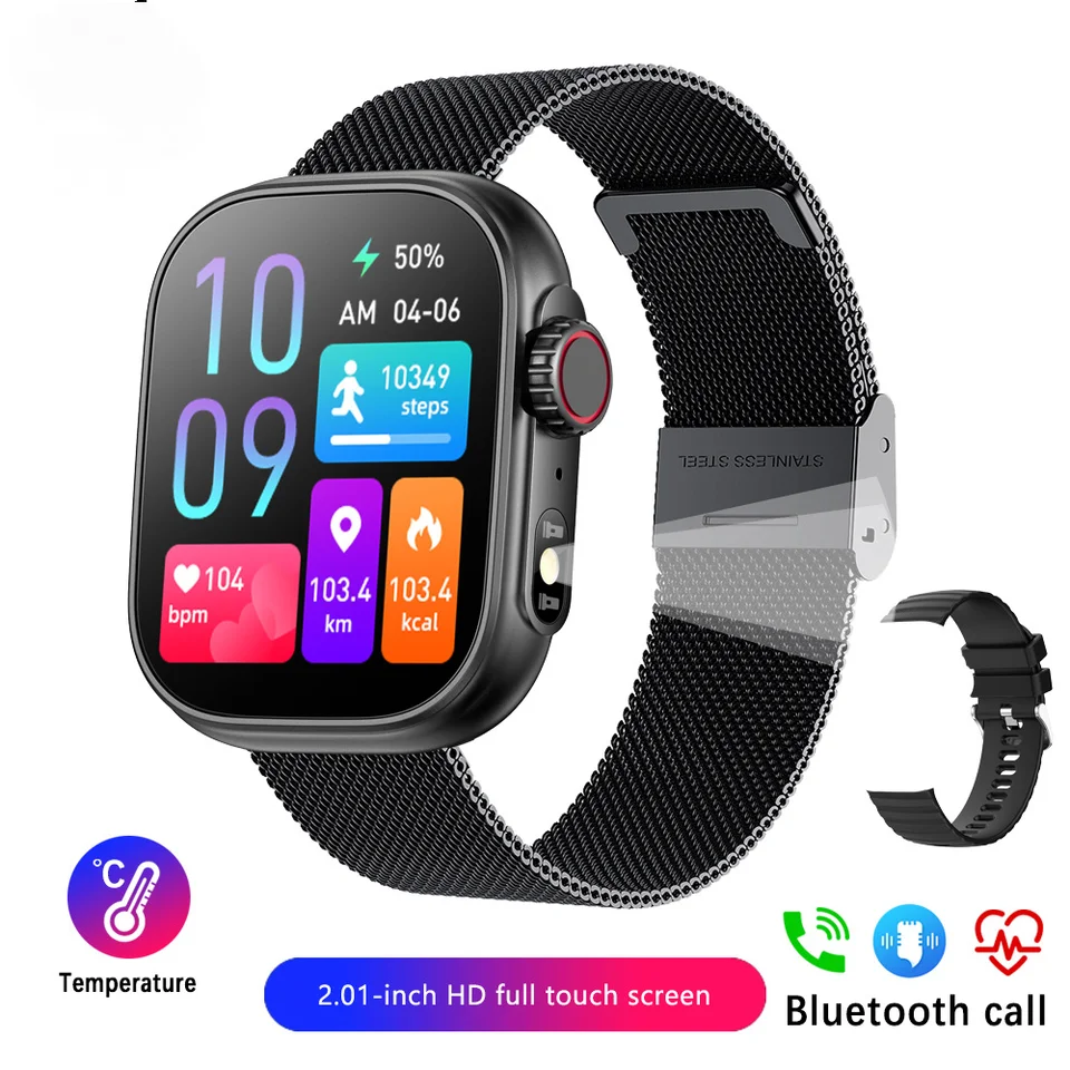 2025 2,01-palcový veľký obrazovka Bluetooth Smart Watches srdcový rytmus, telesná teplota, vodotesné športové LED inteligentné hodinky