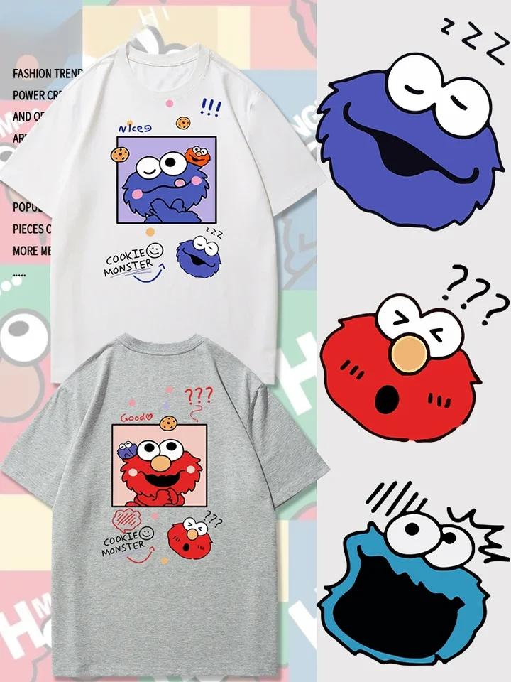 2025 American Casual Sesamestreet Sesamestreet Elmo Cookie Monster s krátkym rukávom tričko Žena mužský pár obliekaný na oblečenie