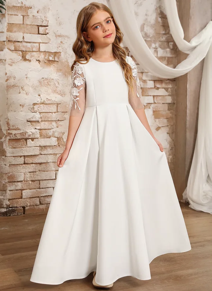 2025 Biela škvrna A-Line Flower Girl Dayse Dress Scoop podlahová dĺžka 4-cestné roztiahnuté dievčatá svadobné šaty na mieru vyrobené