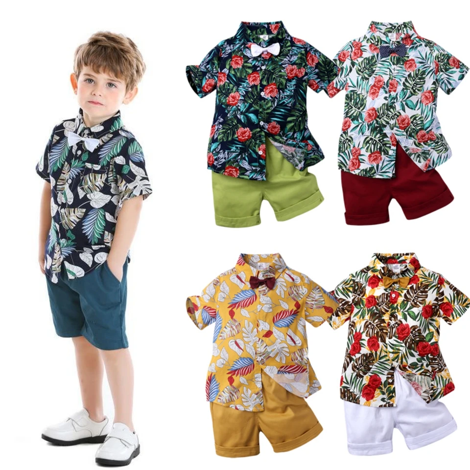 2025 Boys Sets Summer Havajský outfit Kojem Kvetinové tlač krátke rukávy tričko MOSLE+Shorts Baby Gentleman Suits