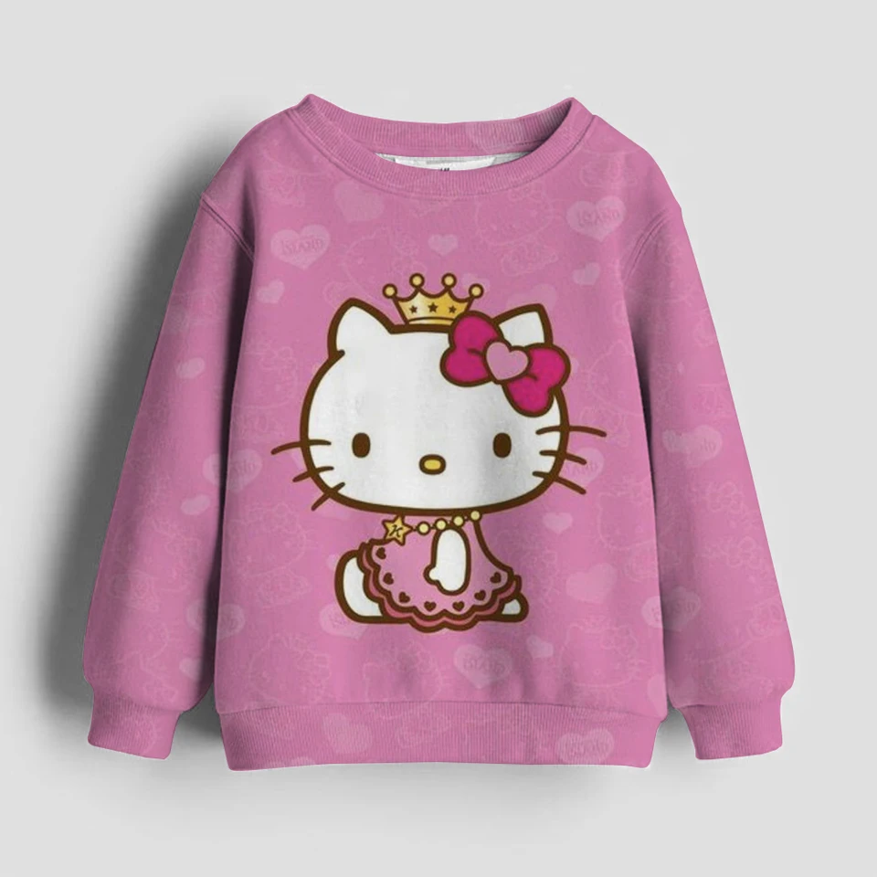 2025 Detské dievčatá Hello Kitty Kuromi Print Hoodie Pure Cotton Cartoon Round Krck Detrá Dievča