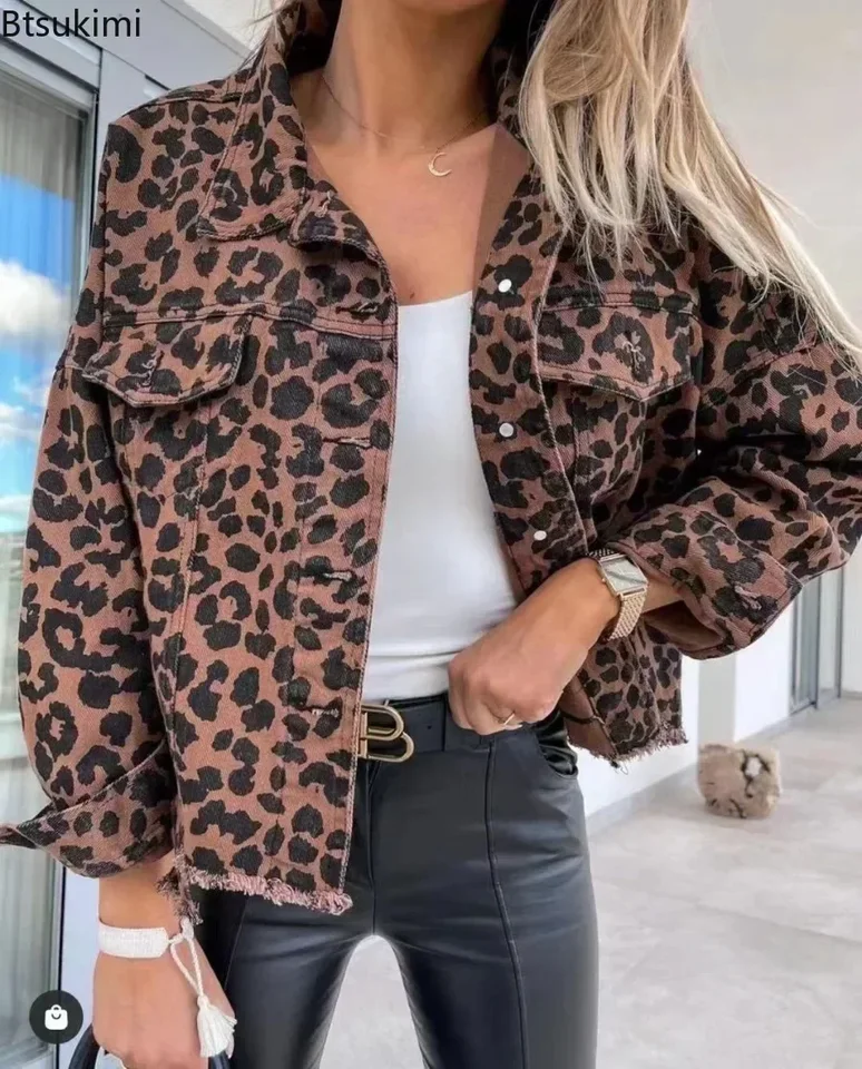 2025 Dámska leopardová tlač džínsoviny Loose Casy Long Ruckve Coats Coats Dámske jarné jesenné outwear módne módne oblečenie