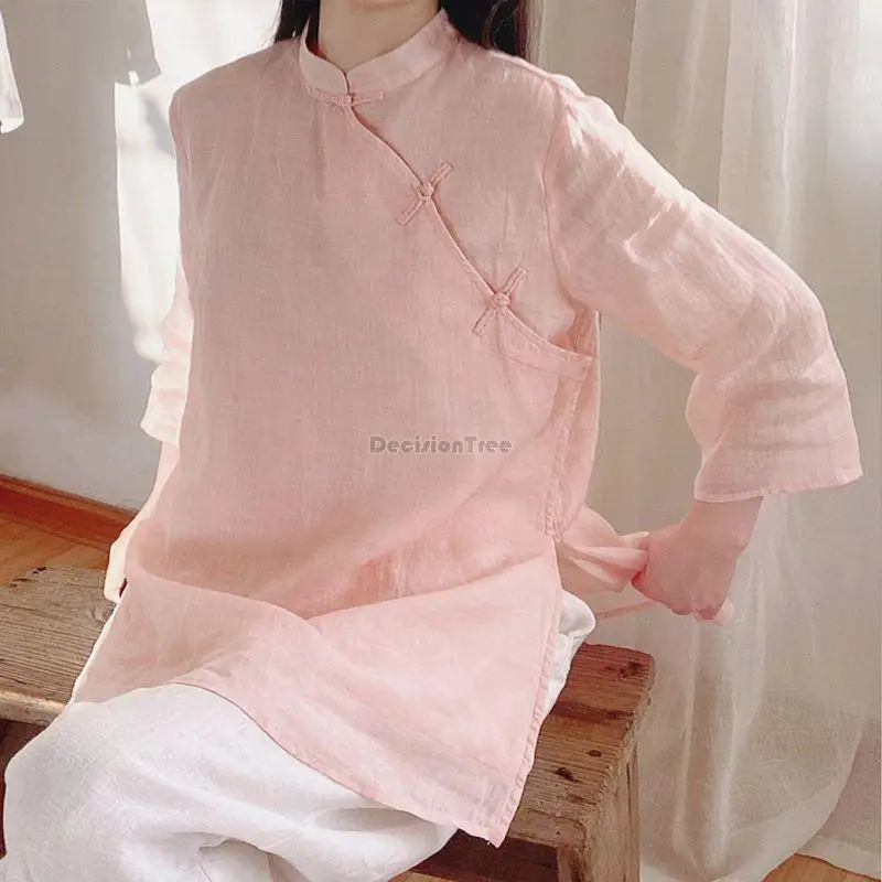 2025 Elegantná bavlnená cheongsam blúzka Čínsky štýl Špičkovú dámsku košeľu voľný sedembodový rukáv retro top ženy S110