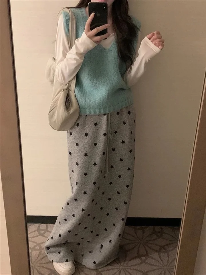 2025 Faldas Mujer de Moda Fashion Mode Hustená sukňa Kórejské dlhé sukne Ženy Elastický pás Bandage Jupe Star Print Casual SAIA