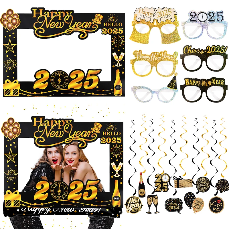 2025 Glitter Happy Silvester Gula Foto Booth Podprips papierový rámec Silvestrovský večierok dekorácie Navidad Vianoce laskavosti