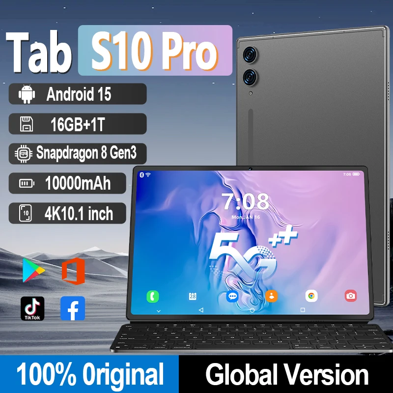 2025 Globálna verzia Originálna S10 Pro Tablet 10.1inch HD 4K na celej obrazovke Android 15 16 GB+1TB 10000MAH 5G Dual SIM WiFi GPS Tablet