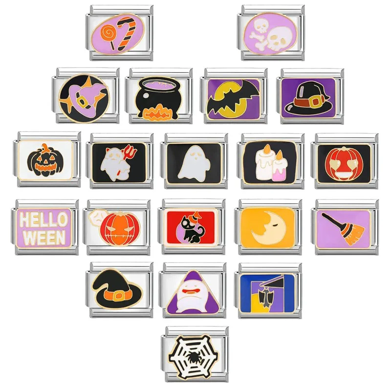 2025 Halloween Moon Bat Ghost Pumpkin Bat Spider Talian Link Charms Fit 9 mm z nehrdzavejúcej ocele Výroba DIY náramok