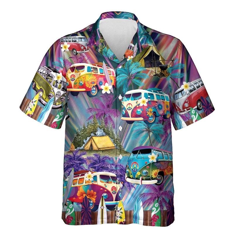 2025 Havajské tričko Floral Pattern Hippie Bus Outdoor Street Krátke rukávy 3D Tlačené oblečenie módy Street Chic Design Tirls
